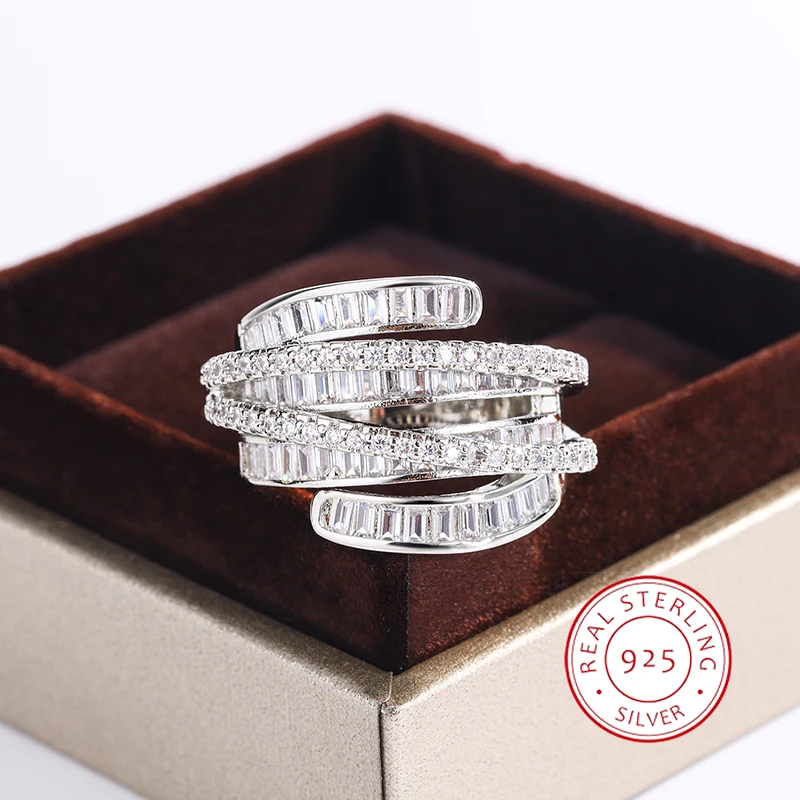 Aukštos kokybės susipynęs geometrinis balto cirkonio žiedas 925 sidabras moterims, vyrams, vestuvių vakarėliui, papuošalai dovana