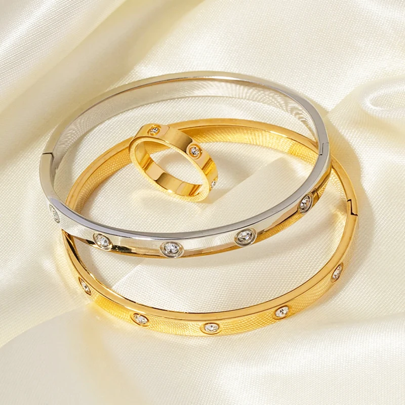SNQP 1 rinkinys apyrankių žiedai moterims nerūdijančio plieno apyrankės papuošalai stilingi kubinio cirkonio aukso spalvos, atsparūs vandeniui su dovanų dėžute