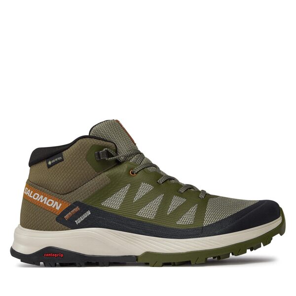 Aukšti žygio batai 👟 Turistiniai batai Salomon Outrise Mid GORE-TEX L47143600 Chaki