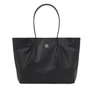 👜 Didelės rankinės moterims, Rankinė Tommy Hilfiger Crest Leather Tote AW0AW15230 Juoda